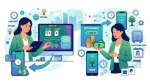 Иллюстрация с элементами игры в баккара, символизирующая время пополнения счета и вывода средств.