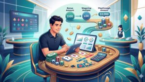 Иллюстрация с элементами игры в баккара для руководства по расчету требований к вейджеру.