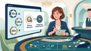Иллюстрация с элементами игры в баккара и финансовыми символами для расчета бонусных требований.